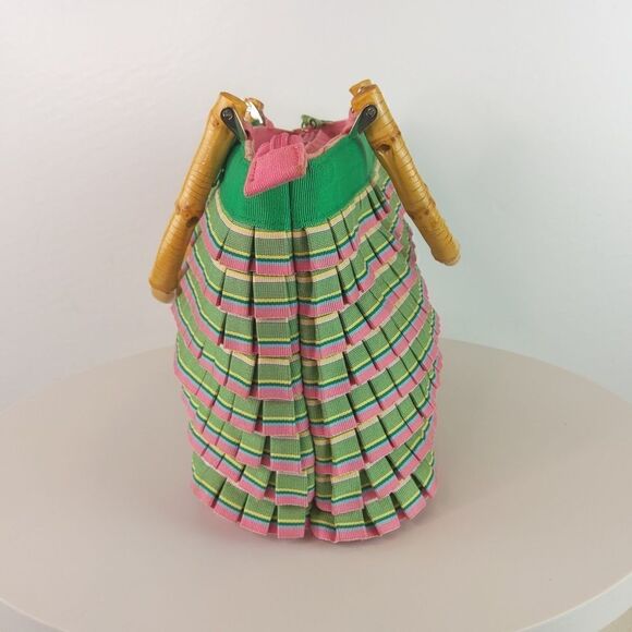 And pink plaid ruffled zip top handbag with faux w - Picture 5 of 17